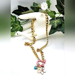 Gold link chain necklace, 20inch, pink d shackle,dangle charms